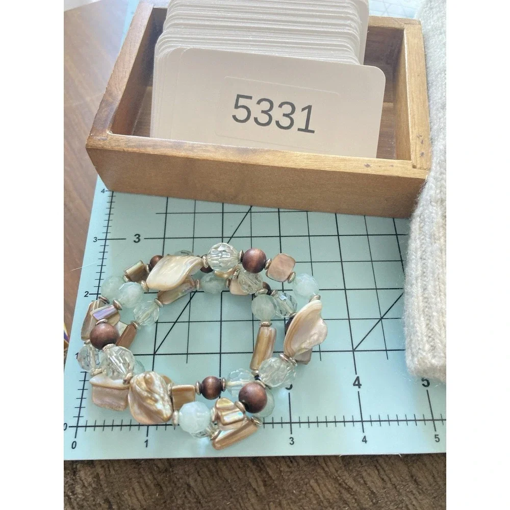 Coastal Bracelet Stack Faux Shell Clear Faceted Aqua Brown Beads Beachy‎ Stretch